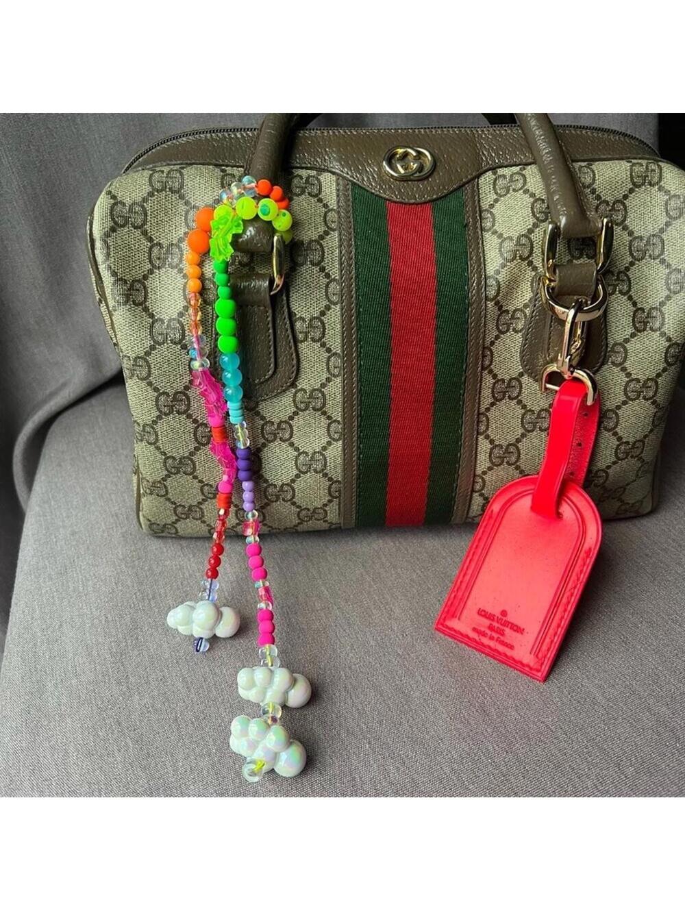 Louis Vuitton Red Bag Charm Name Luggage Tag Rainbow Lasso Tie Clouds Chain OAK